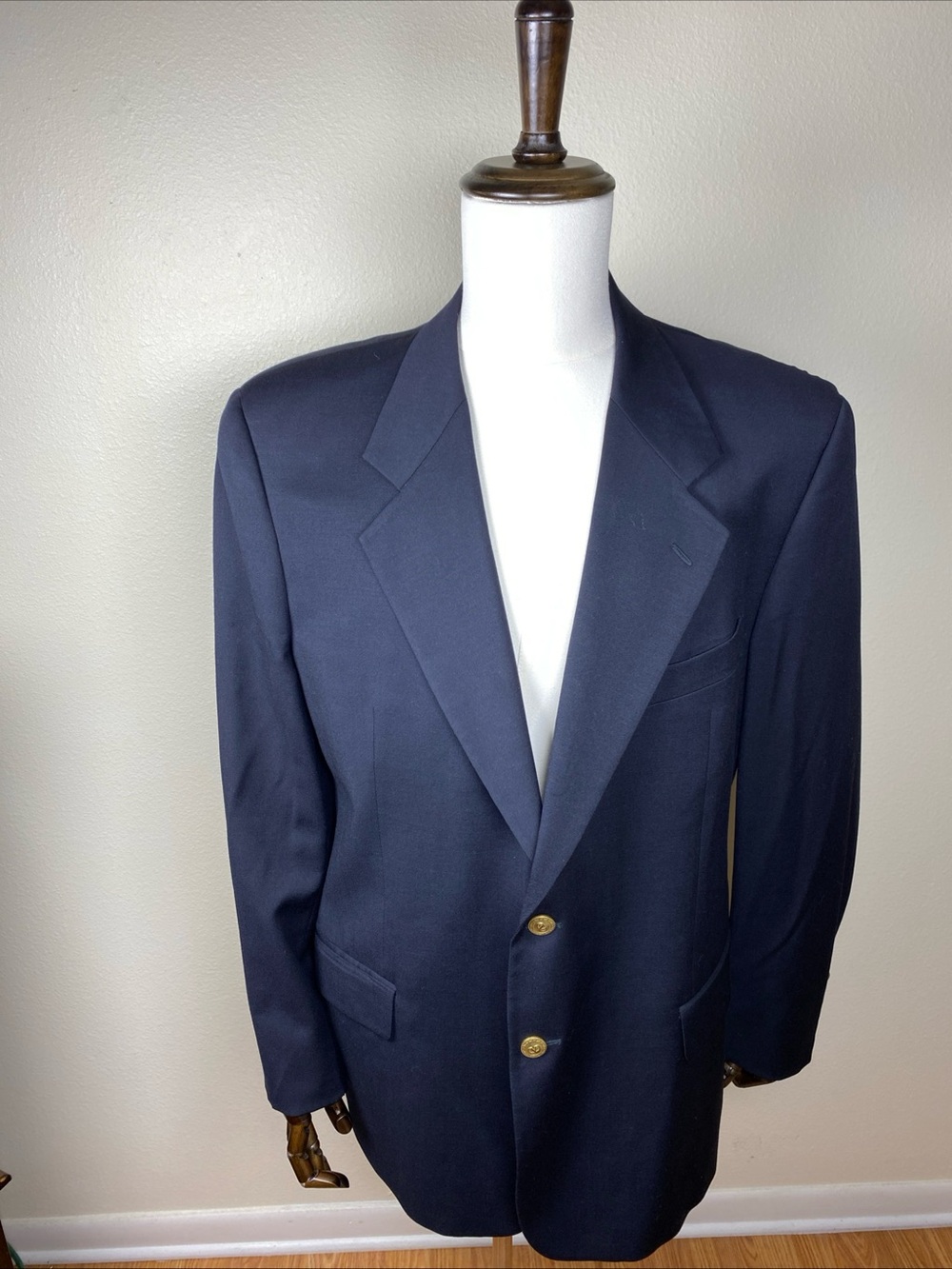 Valentino Men’s 44R Navy Single-Breasted Blazer with Gold Logo Buttons Classic